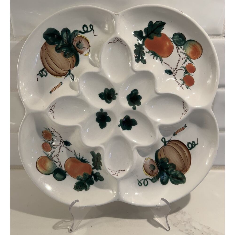 Vtg 1950s Ucago Deviled Egg Plate Ceramic Vegetable Hand painted Divided Platter